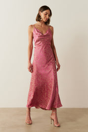 Vestido Long Midi Estampado com Decote Degagê e Alças Finas - Turquia Pink