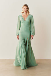 Vestido de Festa Longo com Mangas Longas e Fenda - Núbia Menta