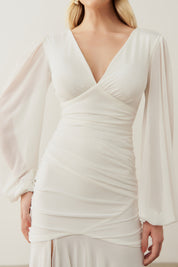 Vestido de Festa Longo com Mangas Longas e Fenda - Núbia Off White