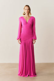 Vestido de Festa Longo com Mangas Longas e Fenda - Núbia Pink