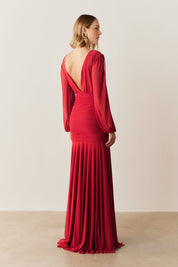 Vestido de Festa Longo com Mangas Longas e Fenda - Núbia Vermelho