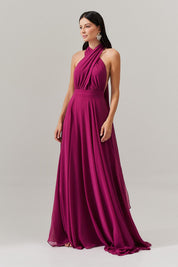 Vestido de Festa Longo de Chiffon com Fenda Lateral - Mil Formas Fúcsia