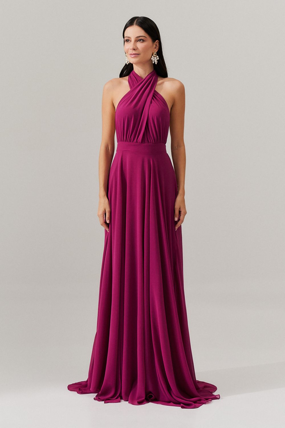 Vestido de Festa Longo de Chiffon com Fenda Lateral - Mil Formas Fúcsia