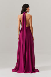 Vestido de Festa Longo de Chiffon com Fenda Lateral - Mil Formas Fúcsia