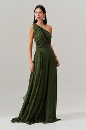 Vestido de Festa Longo de Chiffon com Fenda Lateral - Mil Formas Verde Oliva