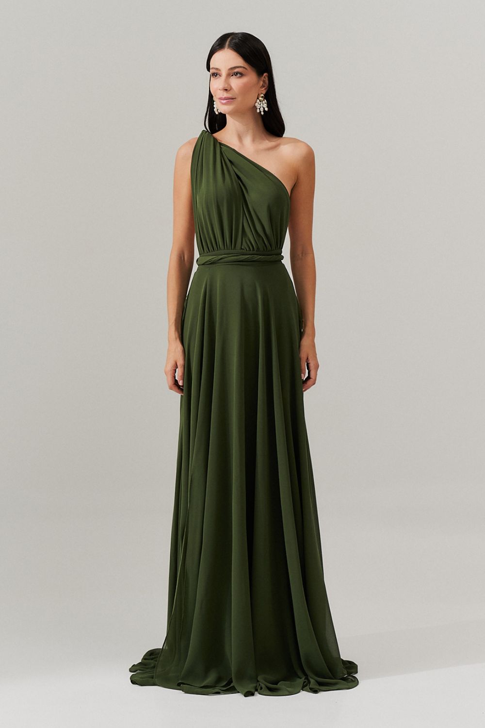 Vestido de Festa Longo de Chiffon com Fenda Lateral - Mil Formas Verde Oliva