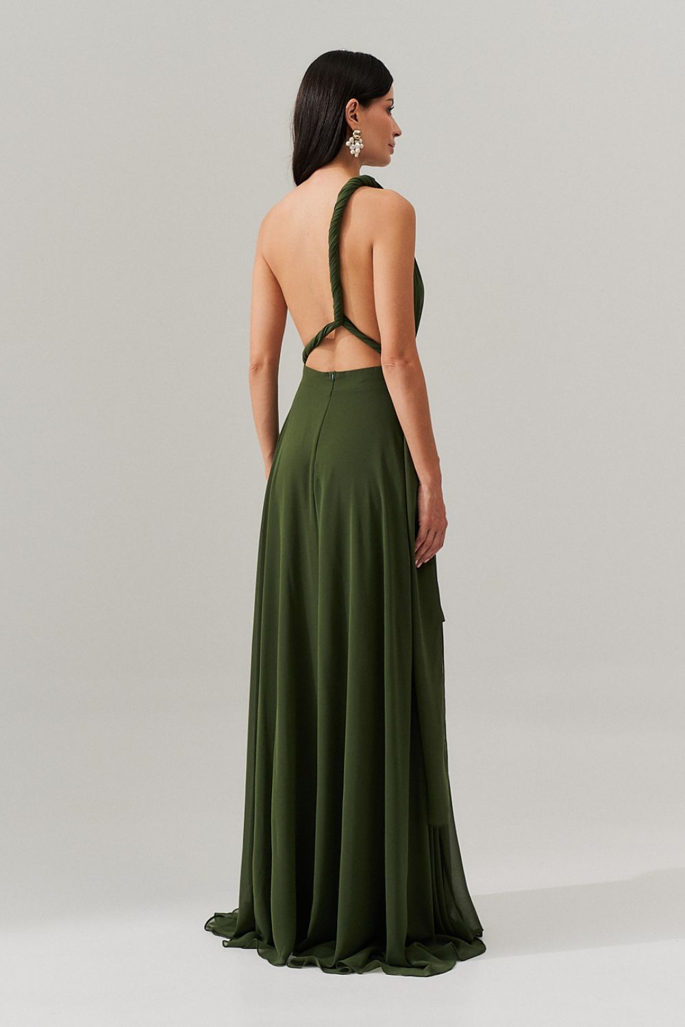 Vestido de Festa Longo de Chiffon com Fenda Lateral - Mil Formas Verde Oliva