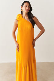 Vestido de Festa Longo e Plissado com Decote Ombro Único - Paris Amarelo Manga