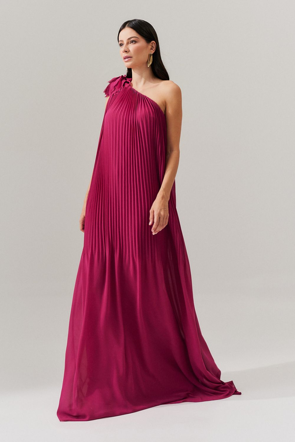 Vestido de Festa Longo e Plissado com Decote Ombro Único - Paris Fucsia