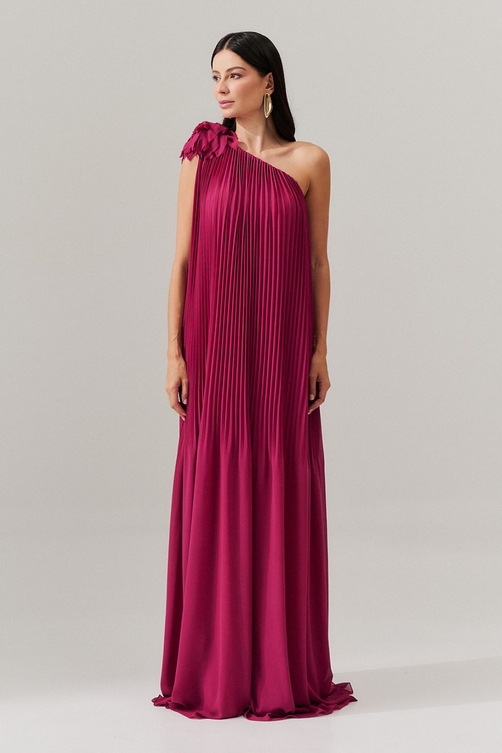 Vestido de Festa Longo e Plissado com Decote Ombro Único - Paris Fucsia