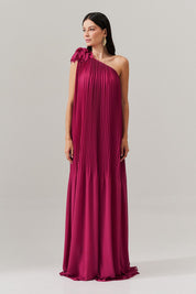Vestido de Festa Longo e Plissado com Decote Ombro Único - Paris Fucsia