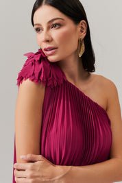 Vestido de Festa Longo e Plissado com Decote Ombro Único - Paris Fucsia