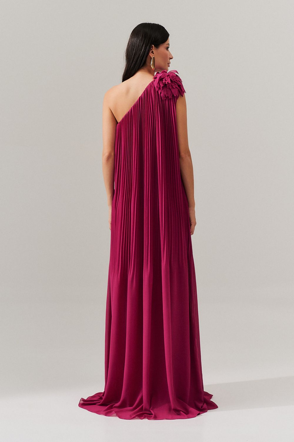 Vestido de Festa Longo e Plissado com Decote Ombro Único - Paris Fucsia