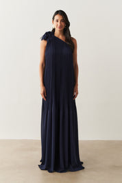 Vestido de Festa Longo e Plissado com Decote Ombro Único - Paris Marinho