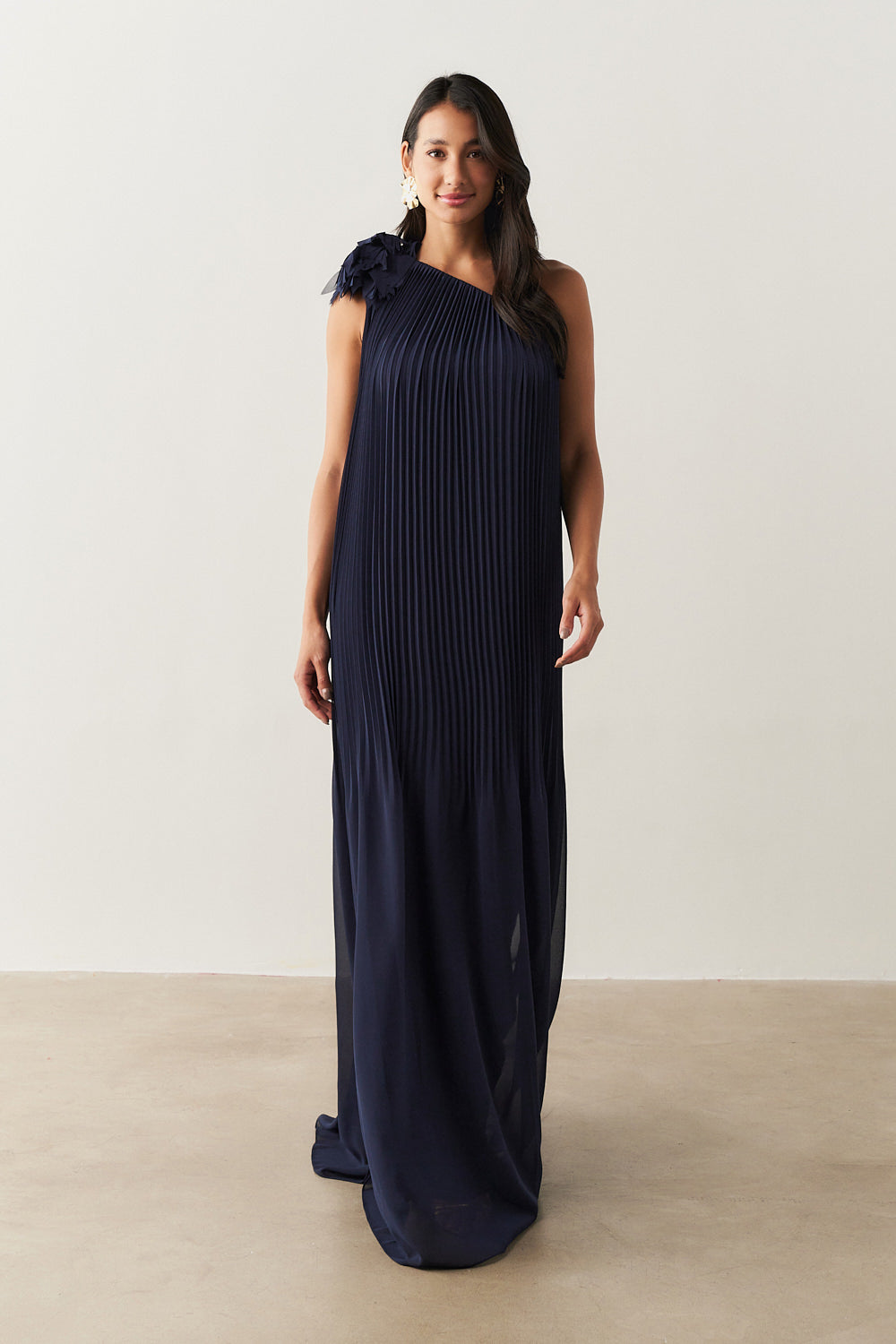 Vestido de Festa Longo e Plissado com Decote Ombro Único - Paris Marinho