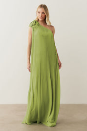 Vestido de Festa Longo e Plissado com Decote Ombro Único - Paris Matcha