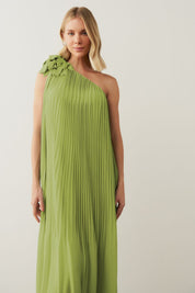 Vestido de Festa Longo e Plissado com Decote Ombro Único - Paris Matcha