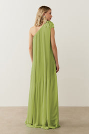 Vestido de Festa Longo e Plissado com Decote Ombro Único - Paris Matcha