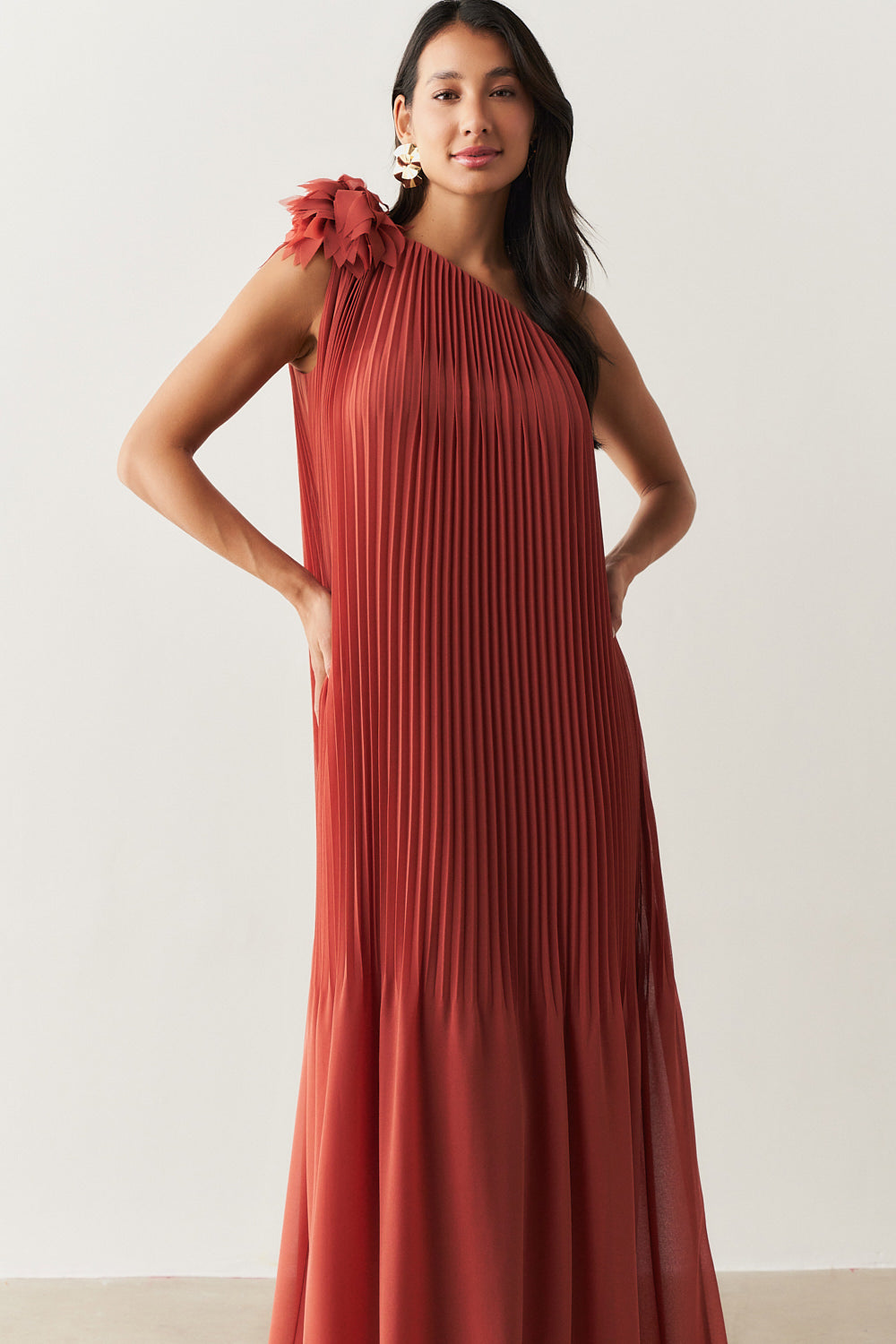 Vestido de Festa Longo e Plissado com Decote Ombro Único - Paris Terracota