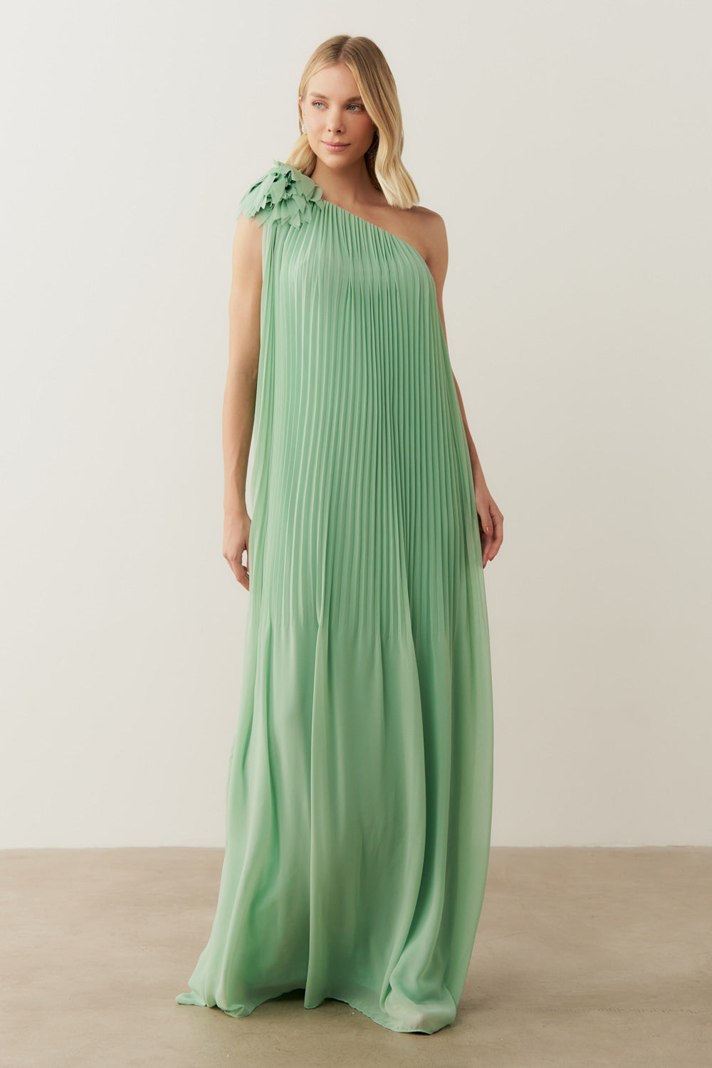 Vestido de Festa Longo e Plissado com Decote Ombro Único - Paris Verde Menta