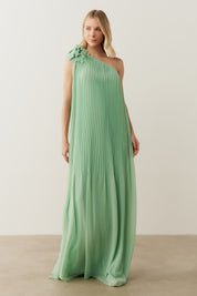 Vestido de Festa Longo e Plissado com Decote Ombro Único - Paris Verde Menta