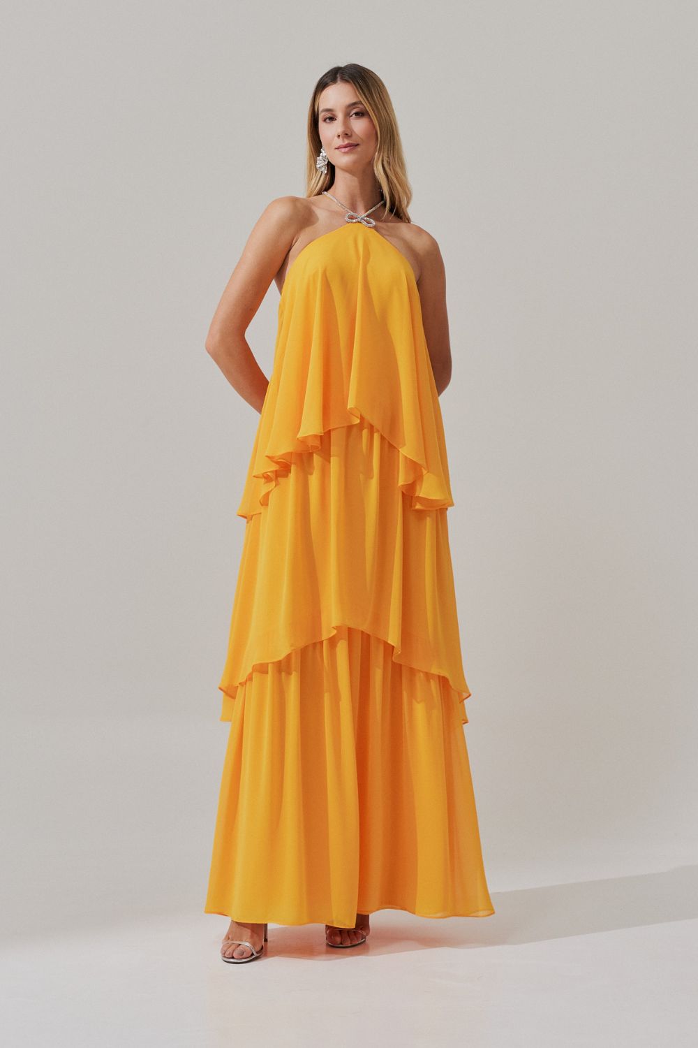 Vestido de Festa Longo em Camadas - Barcelona Amarelo Manga