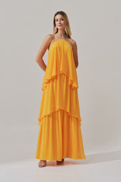 Vestido de Festa Longo em Camadas - Barcelona Amarelo Manga