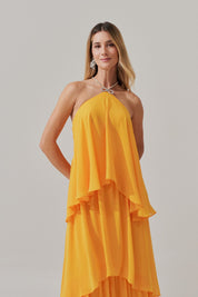 Vestido de Festa Longo em Camadas - Barcelona Amarelo Manga