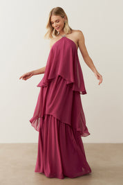 Vestido de Festa Longo em Camadas - Barcelona Fucsia