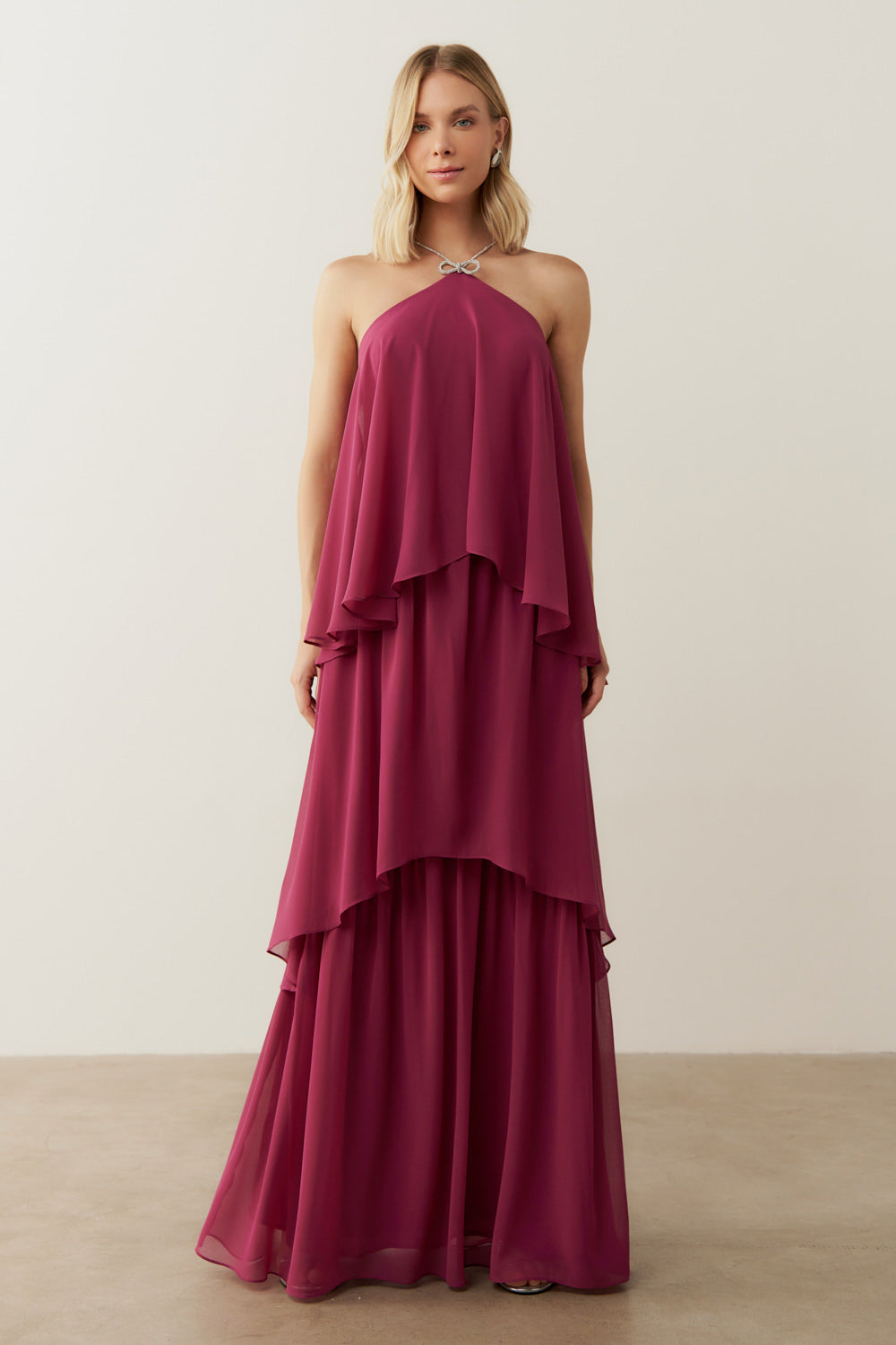 Vestido de Festa Longo em Camadas - Barcelona Fucsia
