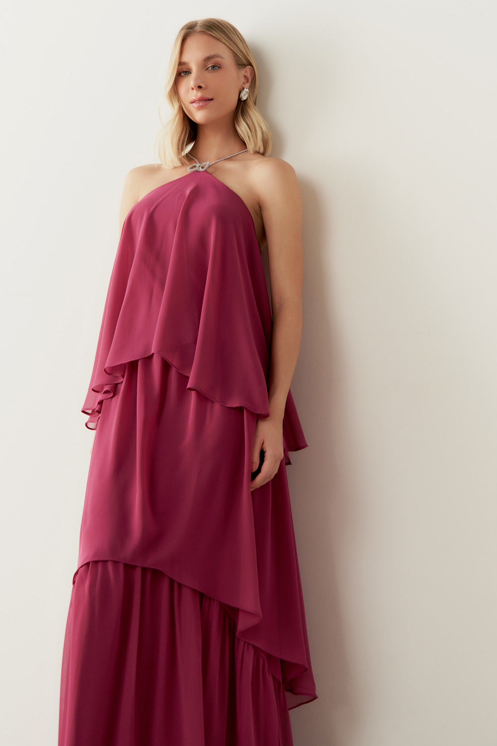 Vestido de Festa Longo em Camadas - Barcelona Fucsia