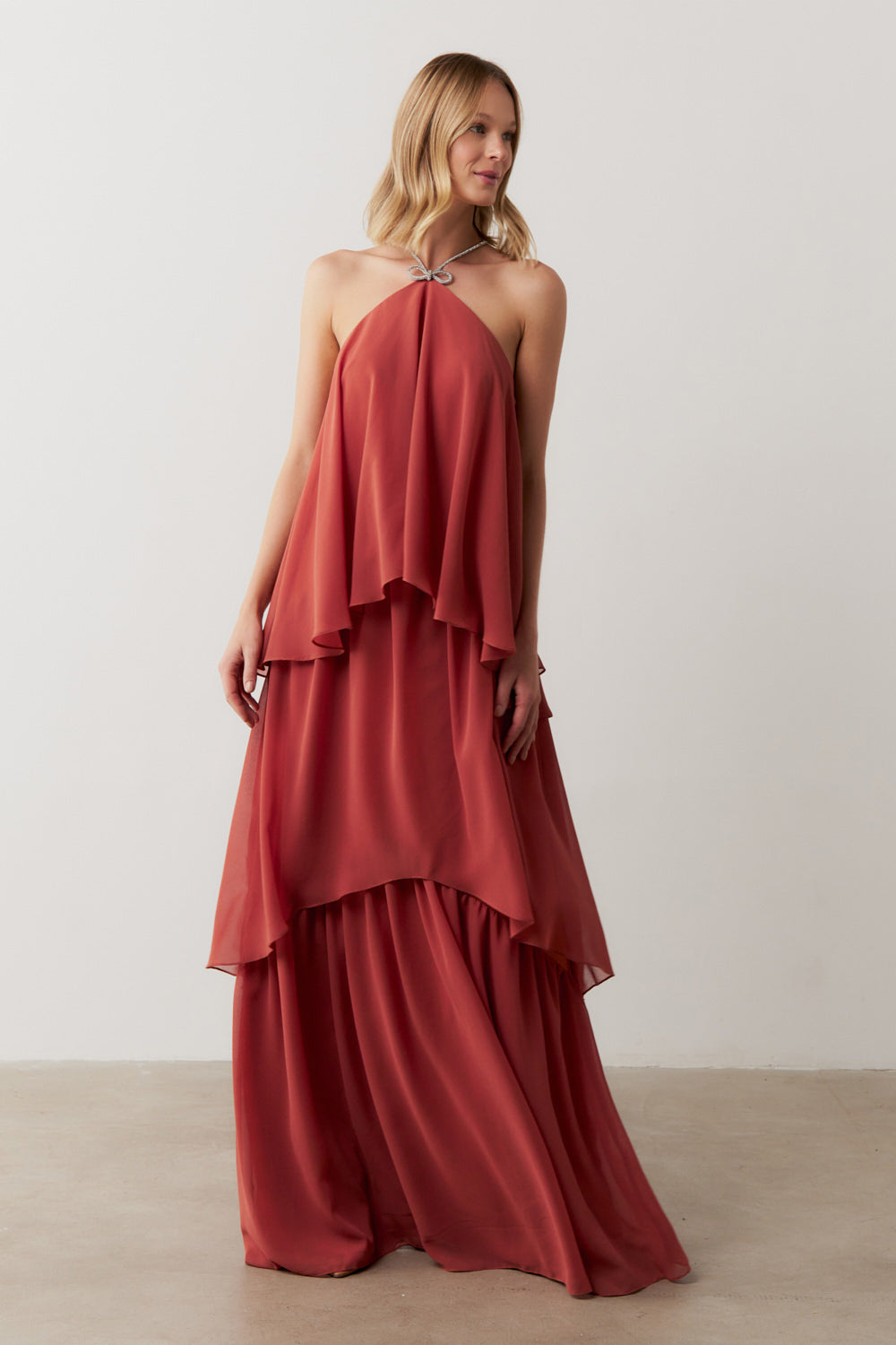 Vestido de Festa Longo em Camadas - Barcelona Terracota