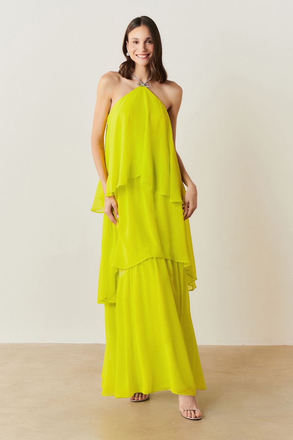 Vestido de Festa Longo em Camadas - Barcelona Verde Lima