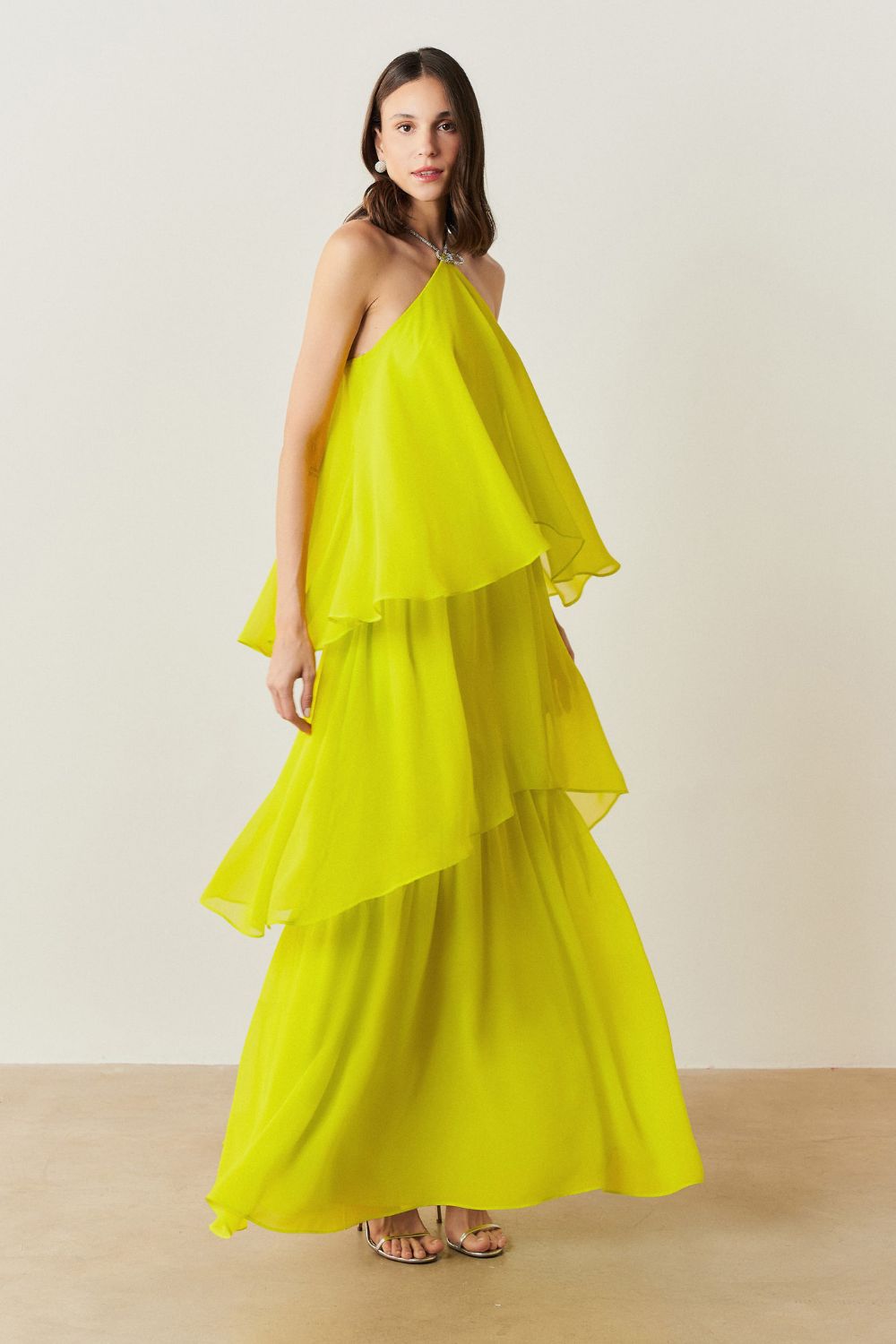 Vestido de Festa Longo em Camadas - Barcelona Verde Lima