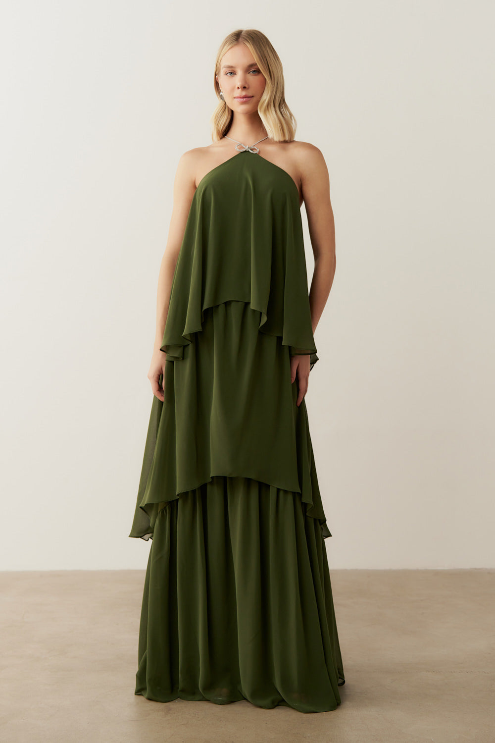 Vestido de Festa Longo em Camadas - Barcelona Verde Oliva