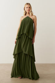 Vestido de Festa Longo em Camadas - Barcelona Verde Oliva