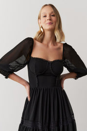 Vestido Midi com Detalhe em Renda Guipir  - Aiko Preto