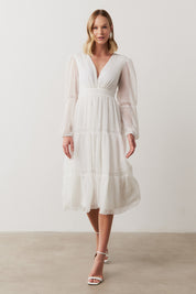 Vestido Midi com Decote V e Manga Longa - Manu Off White