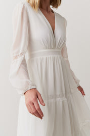 Vestido Midi com Decote V e Manga Longa - Manu Off White