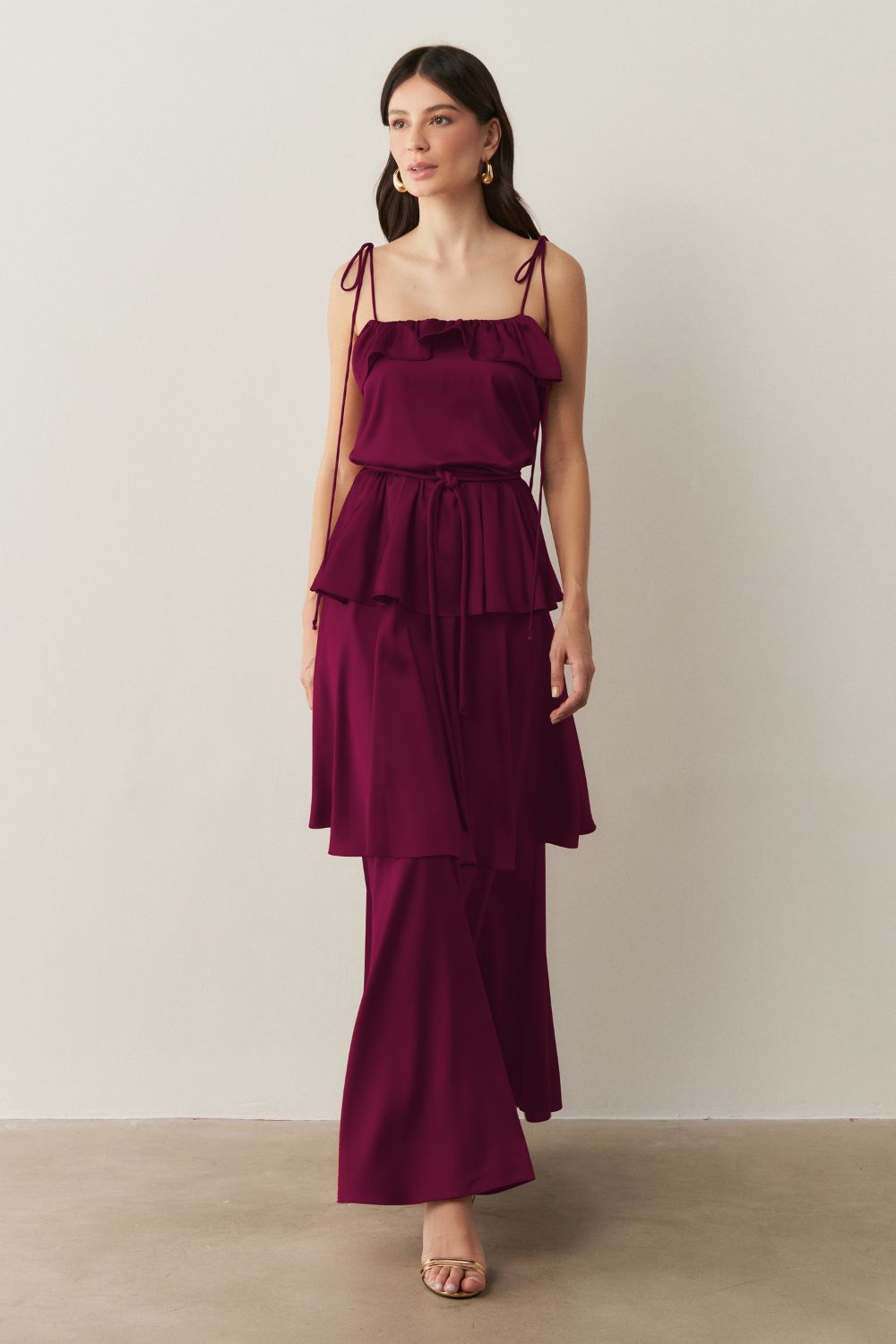 Vestido Long Midi com Alças Finas e Camadas Sobrepostas - Santiago Fucsia