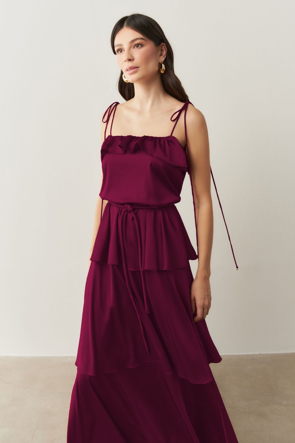 Vestido Long Midi com Alças Finas e Camadas Sobrepostas - Santiago Fucsia