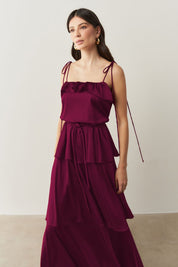 Vestido Long Midi com Alças Finas e Camadas Sobrepostas - Santiago Fucsia