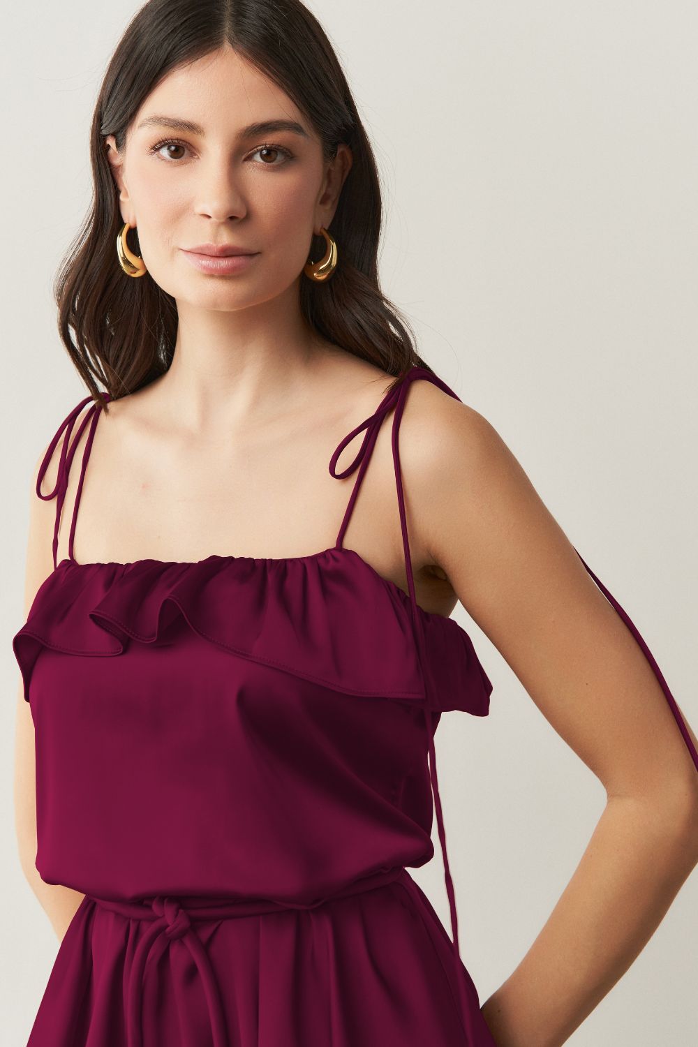 Vestido Long Midi com Alças Finas e Camadas Sobrepostas - Santiago Fucsia