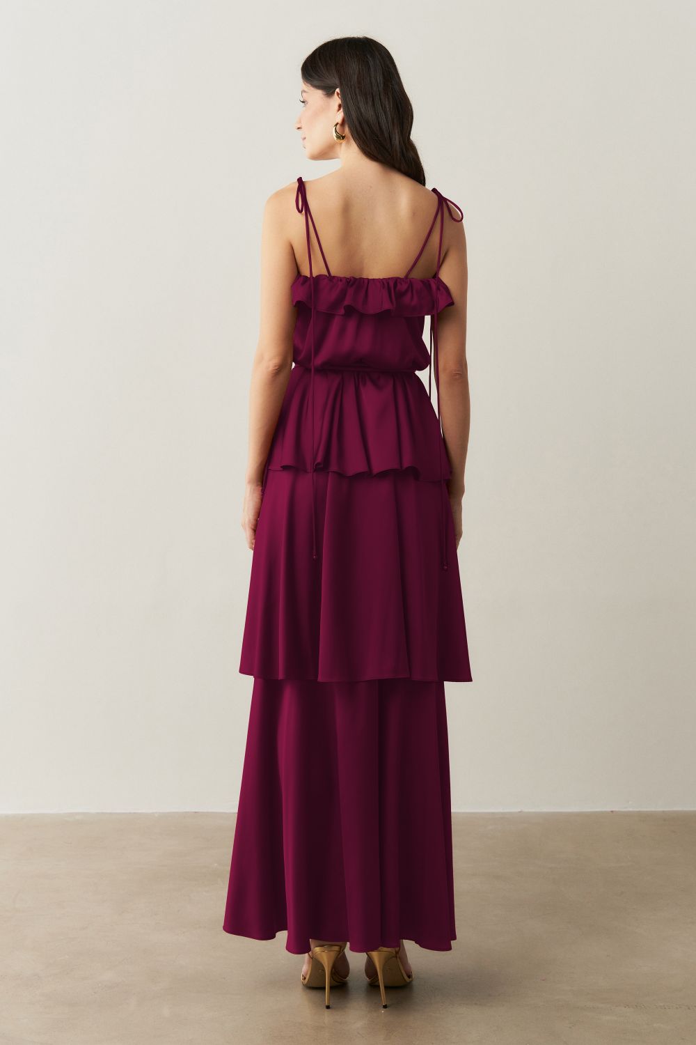 Vestido Long Midi com Alças Finas e Camadas Sobrepostas - Santiago Fucsia