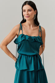 Vestido Long Midi com Alças Finas e Camadas Sobrepostas - Santiago Petroleo