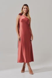 Vestido Long Midi com Decote Assimétrico e Flor Removível - Santa Fé Terracota