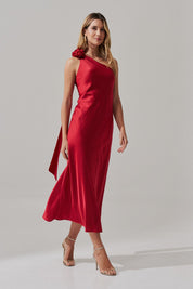 Vestido Long Midi com Decote Assimétrico e Flor Removível - Santa Fé Vermelho