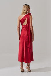 Vestido Long Midi com Decote Assimétrico e Flor Removível - Santa Fé Vermelho