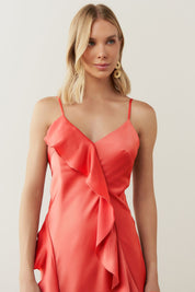 Vestido Long Midi com Decote em V e Babados - Córdoba Coral