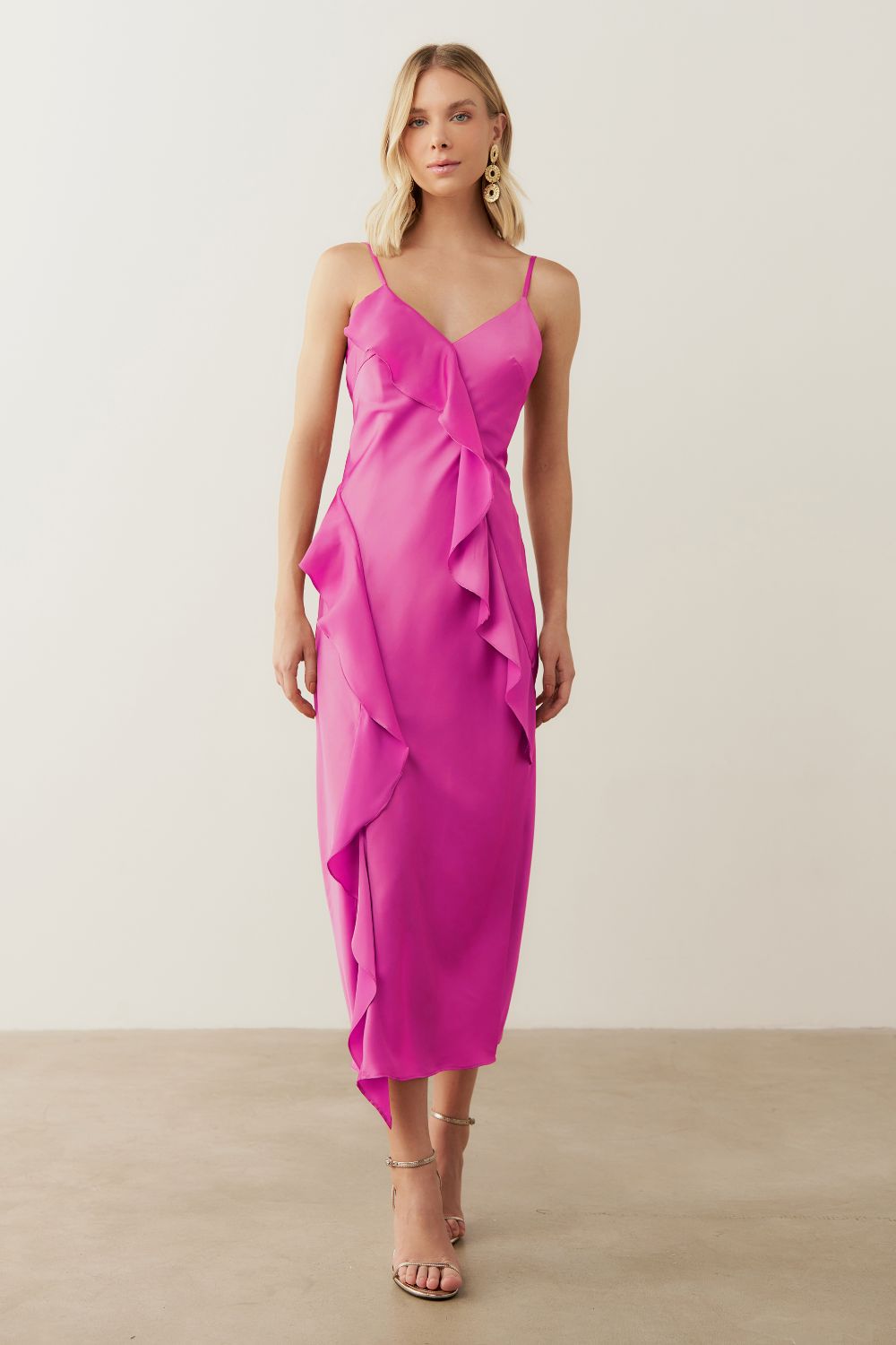 Vestido Long Midi com Decote em V e Babados - Córdoba Violeta